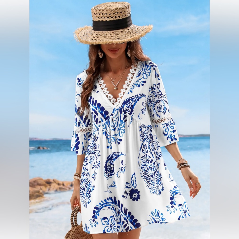 Blue and White Floral Paisley Print Lace Dress